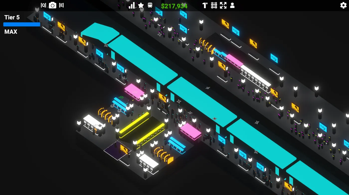 Cyber Station late game: cyan trains stretched along the platforms of a large neon station while crowds of passengers move through the concourse